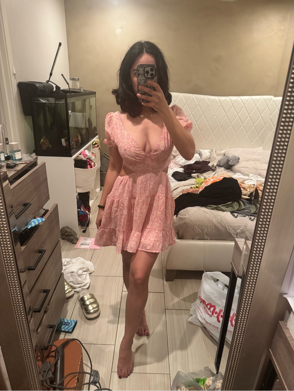Sky To Moon Pink Floral V-Neck Ruffled Dress